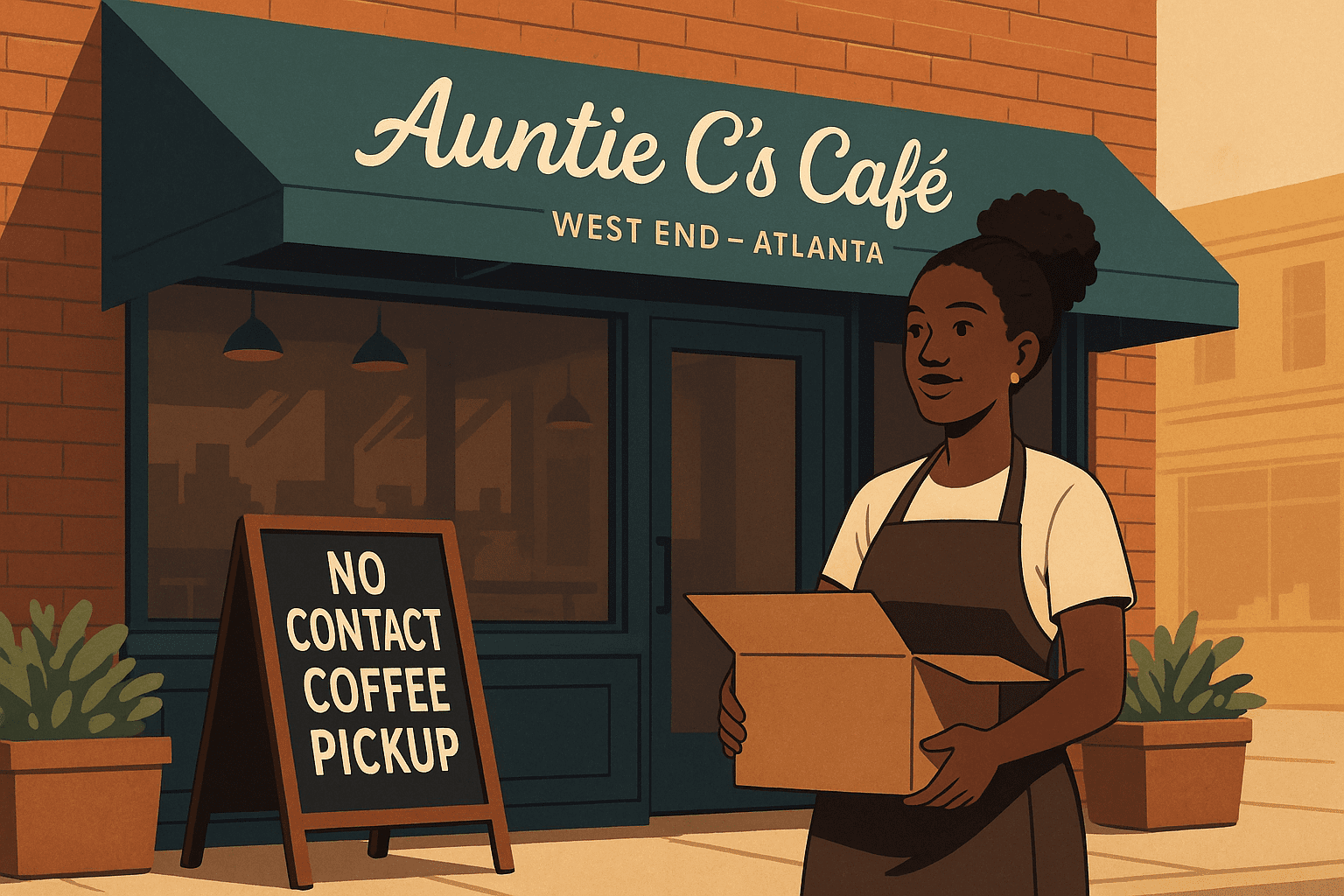 A digital illustration of Auntie C’s Café, a Black-owned small business in Atlanta, showing outdoor seating, warm lighting, and a welcoming storefront—symbolizing strong business strategy and the power of strategic planning for SMEs. A visual reminder of why small businesses fail without preparation.