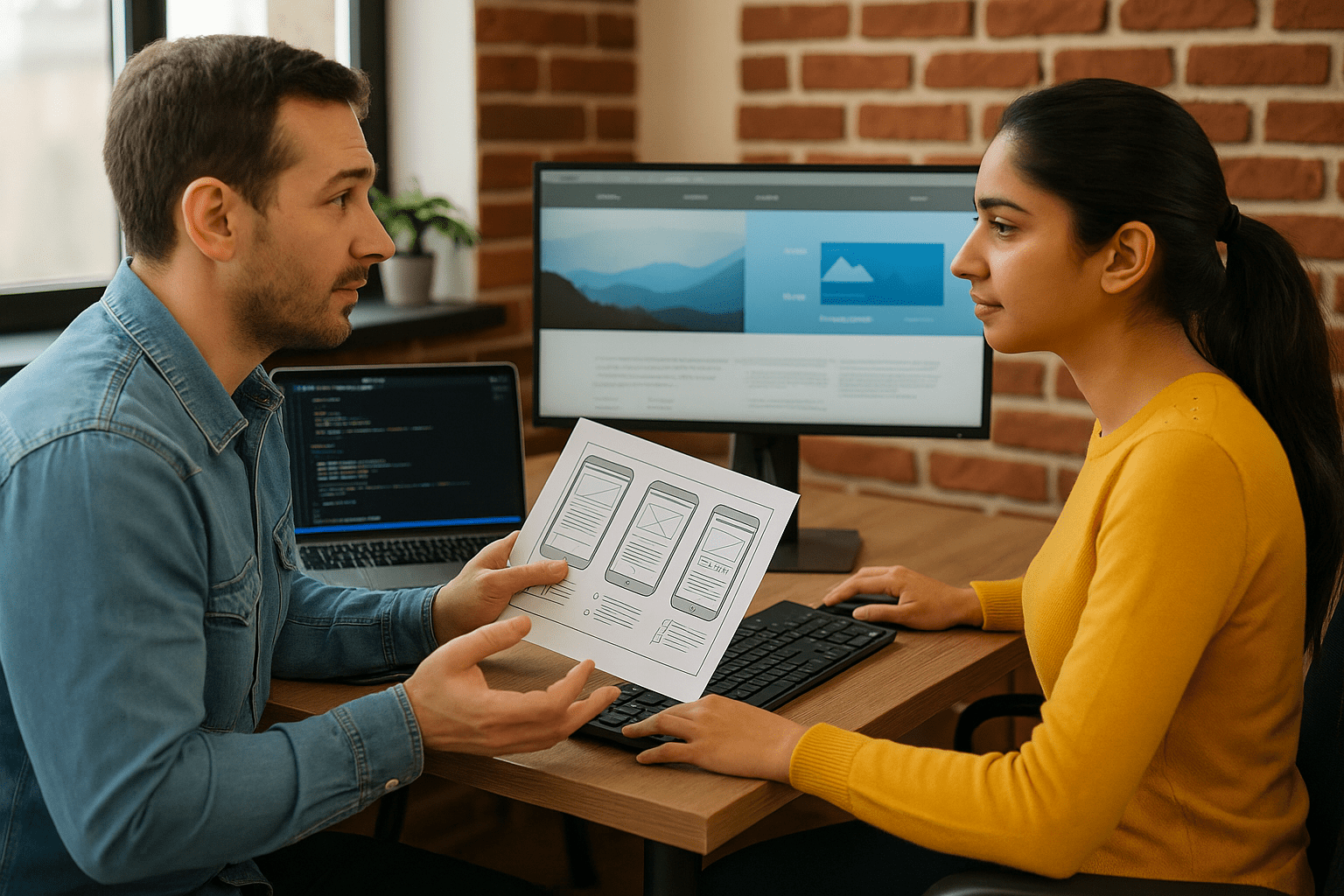 Client and web developer collaborating on website design project