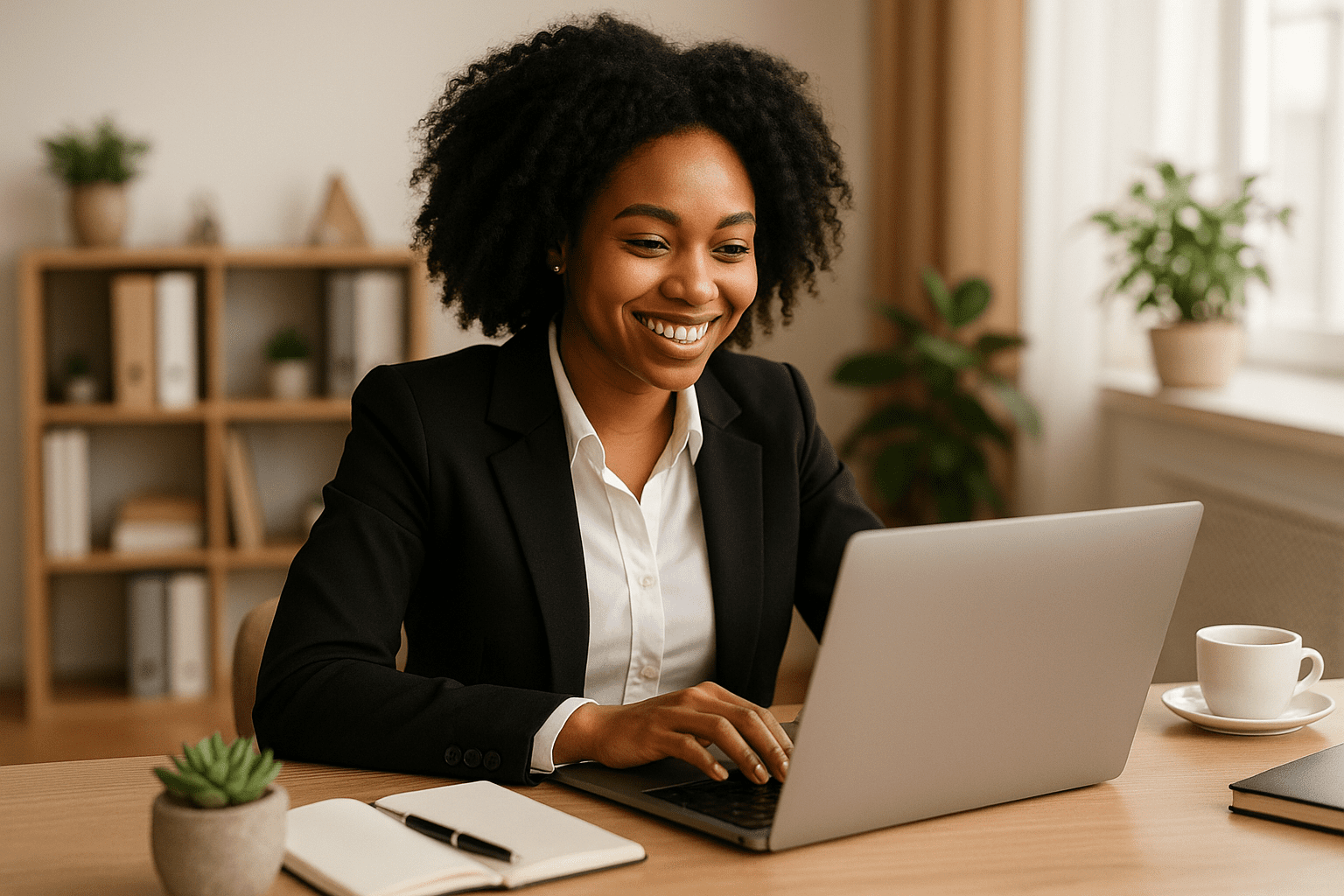 African American businesswoman working confidently on a laptop in a modern, professional office—symbolizing a proactive and well-maintained digital presence.